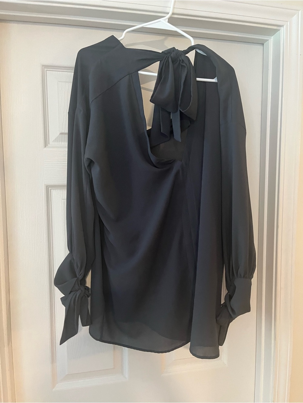 Navy Blue Tie-Back V-Neck Blouse - Picture 5 of 6